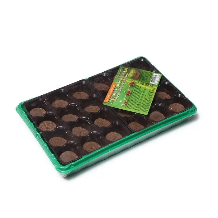 Набор для рассады: торфяная таблетка d=4.1 см, 24 шт., кассета на 24 ячейки по 40 мл, поддон 35.5&times;22.5 см, зелёный, пластик, Экоторф