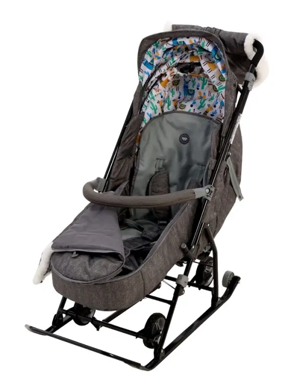 Санки - коляска Nika Kids &laquo;Наши детки 6&raquo;, чехол для ног, муфта, сумка, принт с ламой, серый