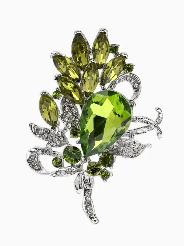 Брошь "Императрица" букет, цвет светло-зелёный в серебре