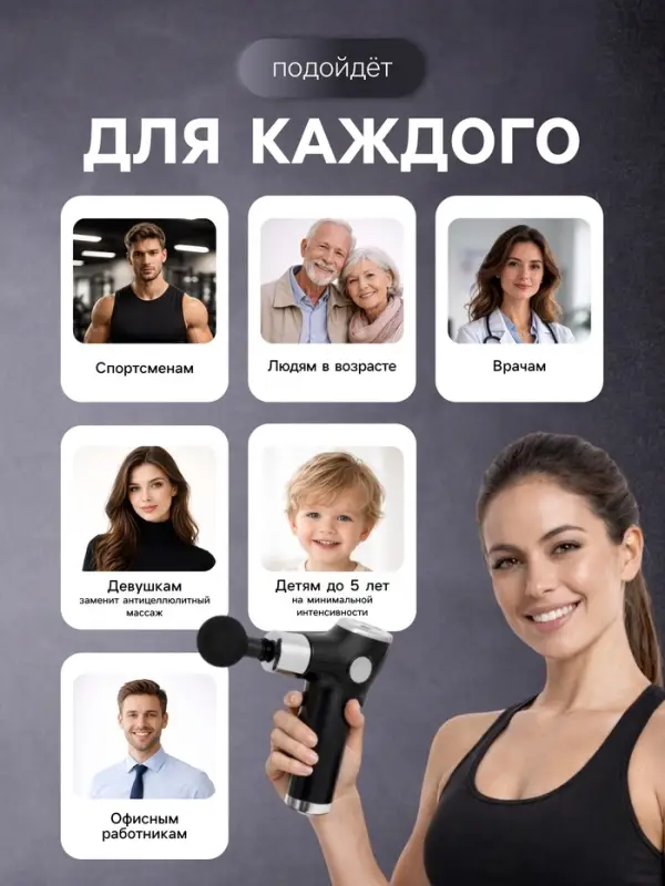 Массажёр для тела LEM-02, перкуссионный, 4 насадки, 6 режимов, 1800-3200 об/мин