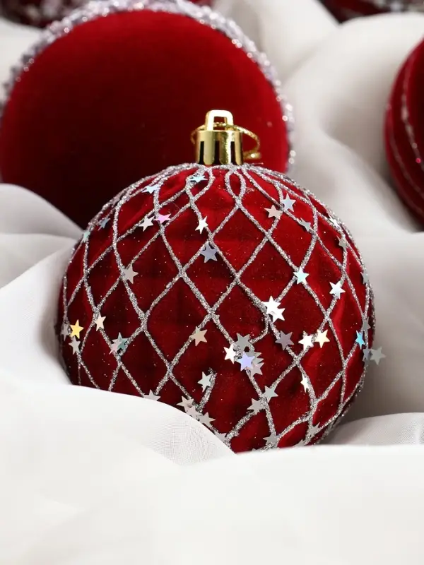 Набор шаров пластик d-8 см, 9 шт Набор шаров пластик d-8 см, 9 шт "Бархат. Фестиваль" сеточка звёзды, красный