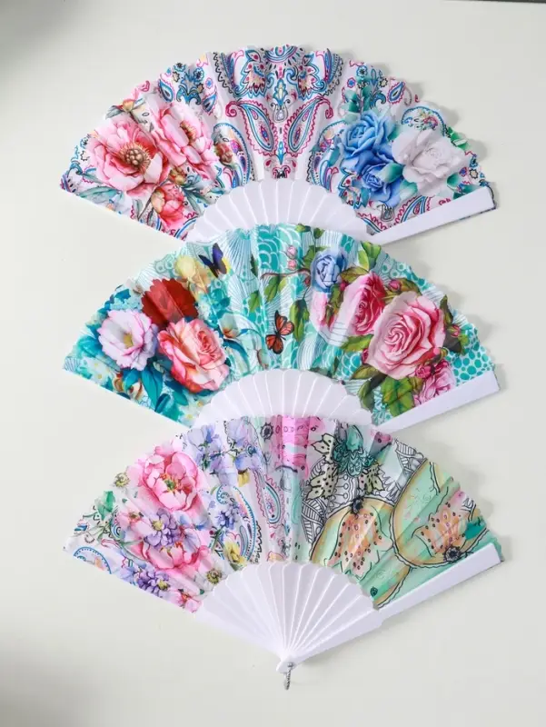 Веер пластик, текстиль Веер пластик, текстиль "Цветы и узоры" МИКС широкие лопасти, золото 23 см