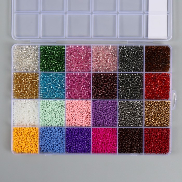 Бисер стекло 12/0 в шкатулке  Бисер стекло 12/0 в шкатулке "Яркий" 24 цвета 19х13,5х1,8 см