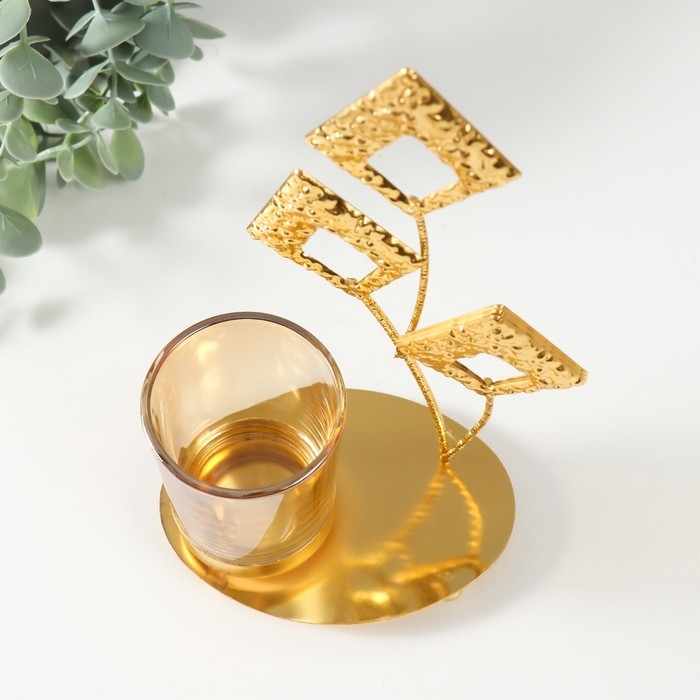 Подсвечник металл, стекло на 1 свечу  Подсвечник металл, стекло на 1 свечу "Листья-ромбики" d=4,7 см, золото 13х8х20,5 см