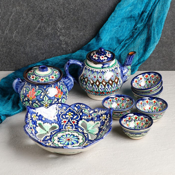 Набор чайный Риштан, 9 предм: чайник 1л., 6 пиал 9,5см, конфетница 23см, сахарница 250м Набор чайный Риштан, 9 предм: чайник 1л., 6 пиал 9,5см, конфетница 23см, сахарница 250м