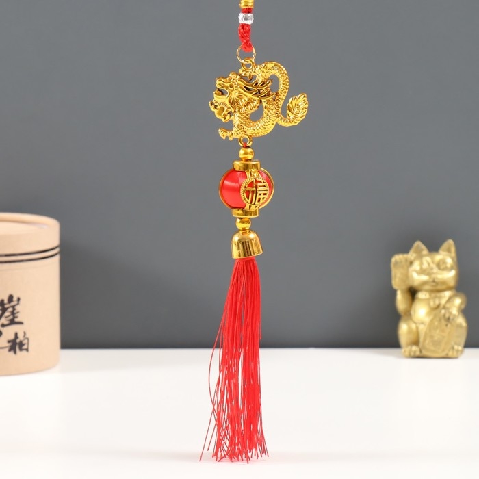 Подвеска пластик, текстиль Подвеска пластик, текстиль "Золотой дракон и китайский фонарик" 3х5,7х37 см