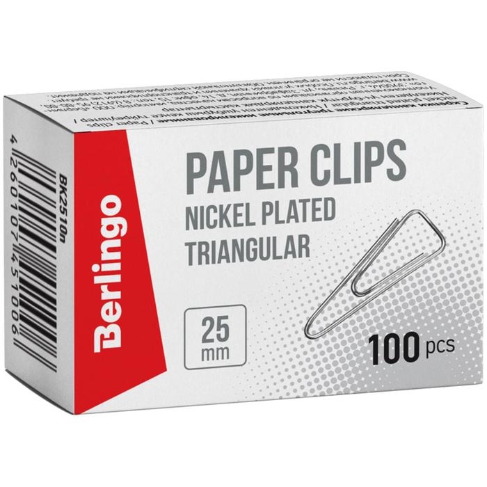 Скрепки никелированные треугольные 25 мм, 100 штук, с отогнутым носиком, картонная упаковка Скрепки никелированные треугольные 25 мм, 100 штук, с отогнутым носиком, картонная упаковка