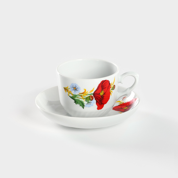 Чайная пара фарфоровая «Маки красные», 250 мл, блюдце d=15 см Чайная пара фарфоровая «Маки красные», 250 мл, блюдце d=15 см