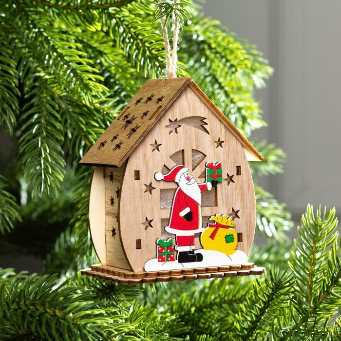 Ёлочная игрушка «Домик с Дедом Морозом с подарками», от батареек, свечение тёплое белое Ёлочная игрушка «Домик с Дедом Морозом с подарками», от батареек, свечение тёплое белое