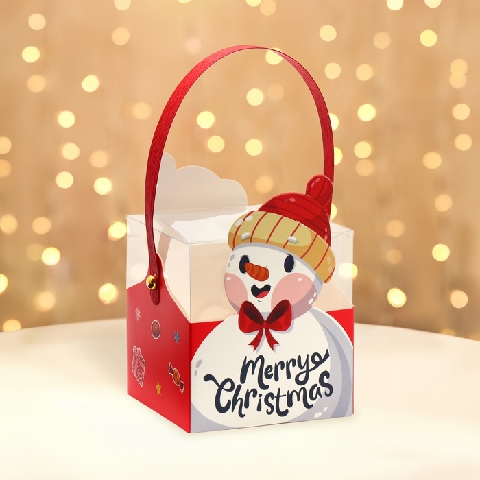 Новый год. Коробка подарочная новогодняя складная ПВХ с ручками, Новый год. Коробка подарочная новогодняя складная ПВХ с ручками, "Снеговик", 9 х 9 х 9,5 см.