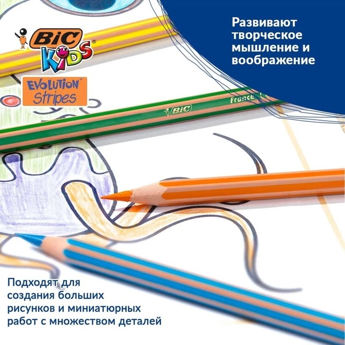 Карандаши цветные 12 цветов , BIC  Карандаши цветные 12 цветов , BIC "Kids Evolution Stripes", пластиковые, детские