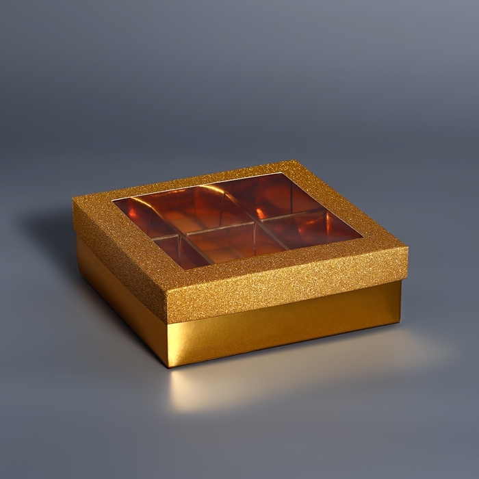 Коробка для 9 конфет золото глиттер, 12,5 х 12,5 х 4 см. Кондитерская упаковка Коробка для 9 конфет золото глиттер, 12,5 х 12,5 х 4 см. Кондитерская упаковка