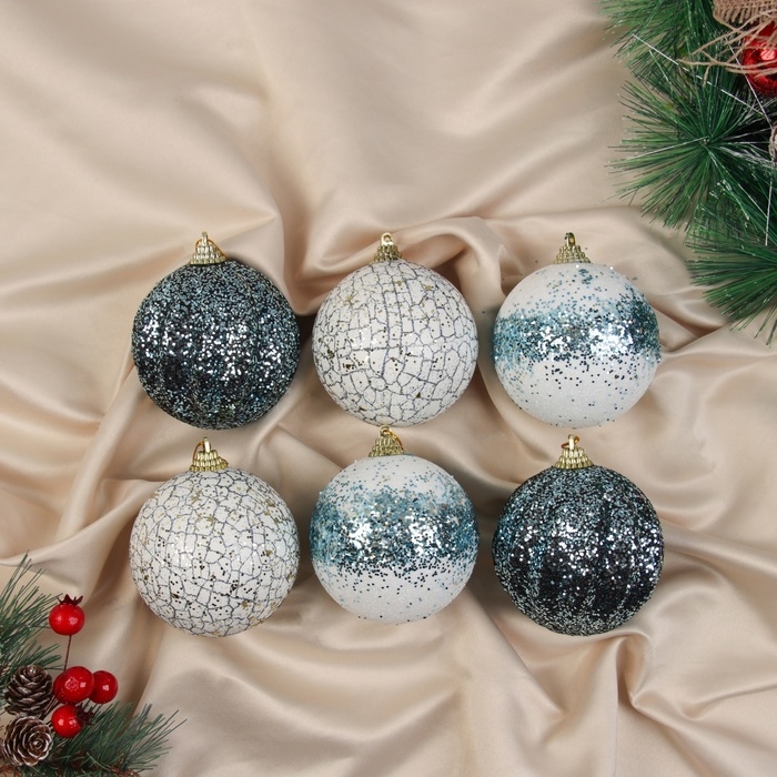 Набор шаров пластик d-8 см, 6 шт Набор шаров пластик d-8 см, 6 шт "Ксавье" ассорти, бело-синий