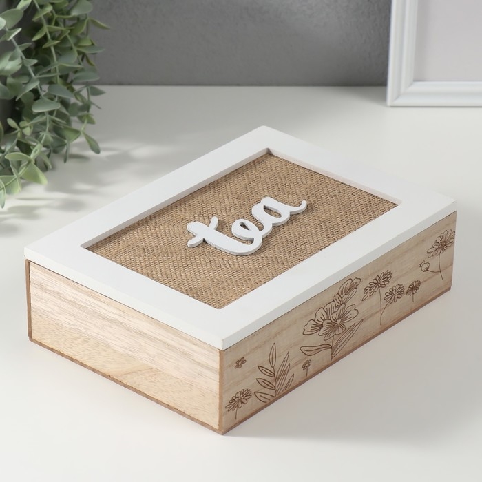 Шкатулка дерево 6 делений  Шкатулка дерево 6 делений "Полевые растения" мешковина 17х24х7 см