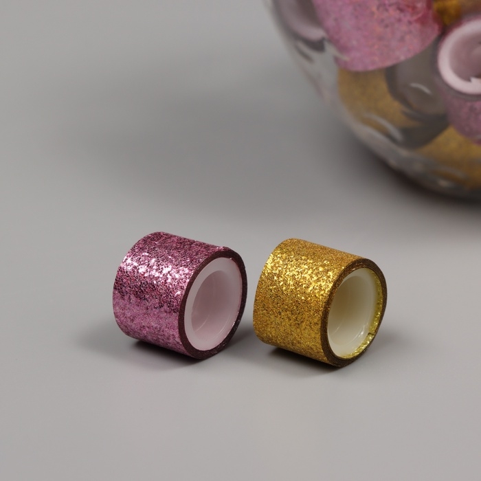 Клейкая лента пластик в банке  Клейкая лента пластик в банке "Шайн. Золото и розовый" н-р 40 шт 1,2 см, дл.0,9 м 7х7х9 см