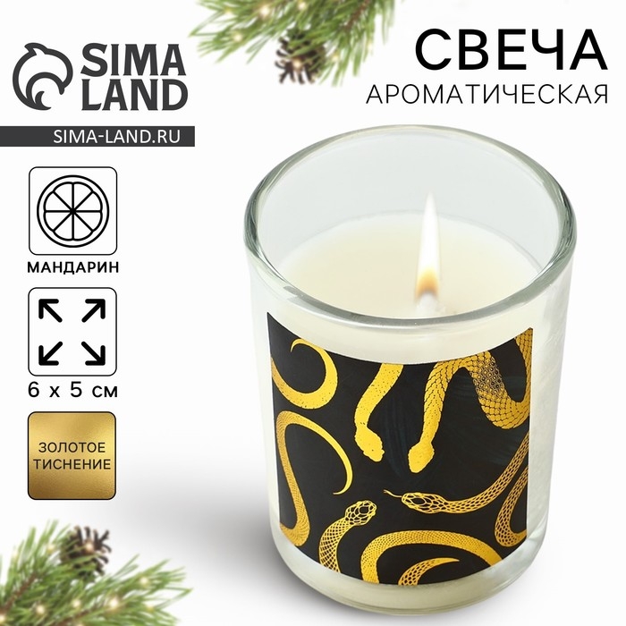 Новогодняя свеча с наклейкой «Новый год: Змейки», аромат мандарин,5х6х5 см Новогодняя свеча с наклейкой «Новый год: Змейки», аромат мандарин,5х6х5 см