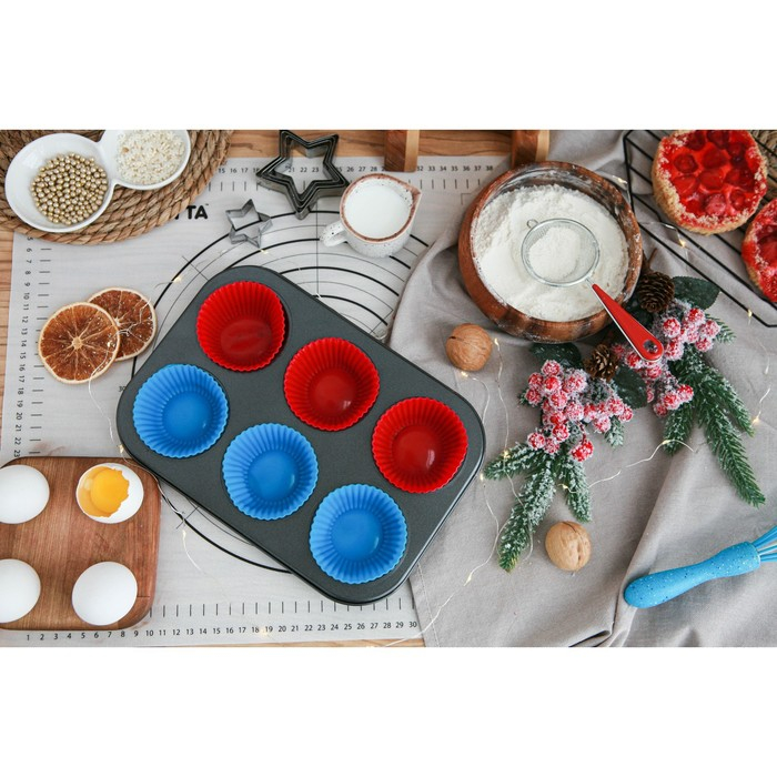 Форма для выпечки Доляна «Силикон плюс», 27×18,5 см, 6 ячеек, силиконовые вкладки, антипригарное покрытие, цвет формочек МИКС Форма для выпечки Доляна «Силикон плюс», 27×18,5 см, 6 ячеек, силиконовые вкладки, антипригарное покрытие, цвет формочек МИКС