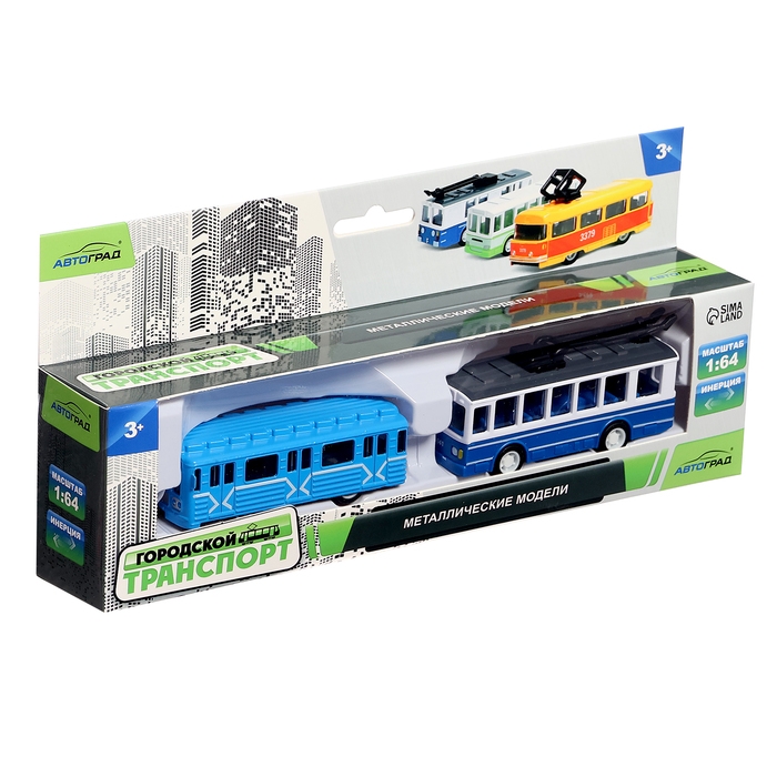 Набор металлический «Городской транспорт», троллейбус + электричка, инерционный, масштаб 1:64 Набор металлический «Городской транспорт», троллейбус + электричка, инерционный, масштаб 1:64