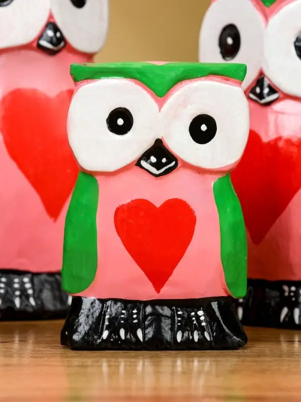 Набор сувенирный «Совята с сердечком», h=15 см, h=13 см, h=10 см, дерево, розово-зелёный