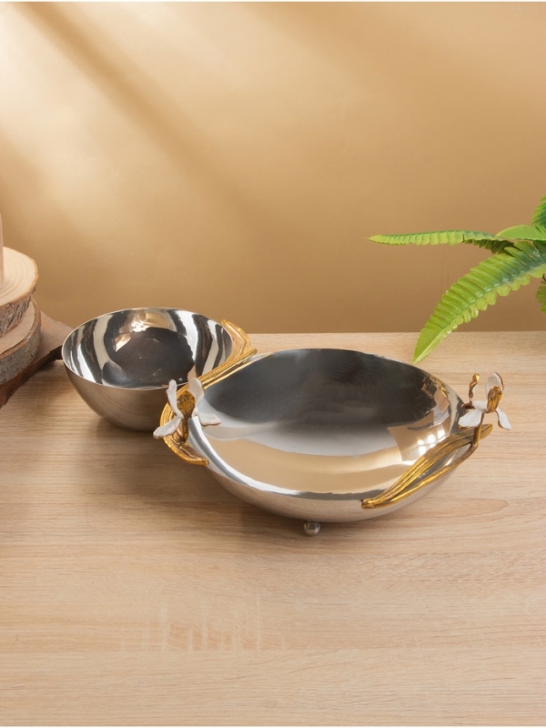 Менажница «Лилия», 2 чаши, 36×21×11.5 см, нержавеющая сталь, латунь