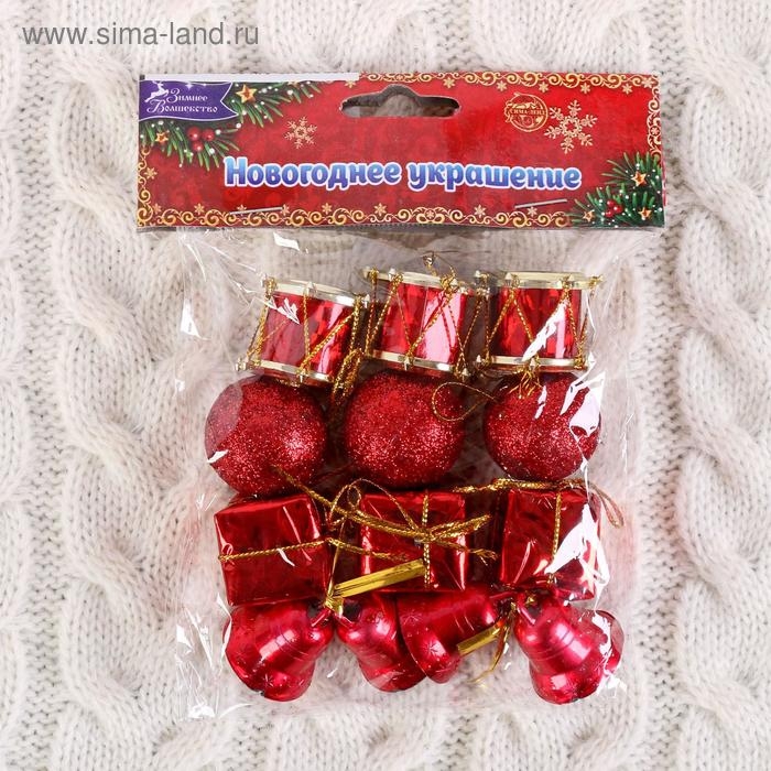 Набор украшений пластик 11 шт Набор украшений пластик 11 шт "Лавра" (3 подарка, 2 колокол, 3 шара, 3 барабана) микс