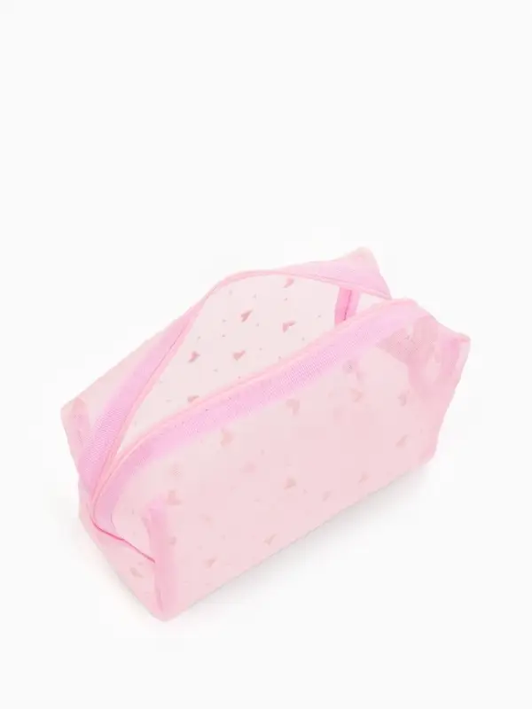 Косметичка женская HEARTS, с рисунком, сетка, на молнии, розовая