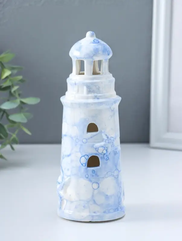 Сувенир керамика свет "Маяк" мраморный бело-синий 6,5х6,5х18 см