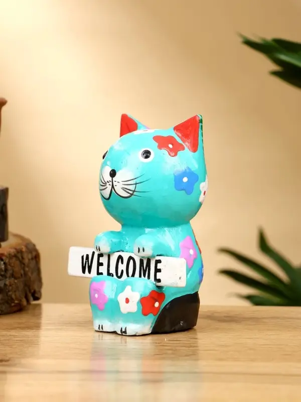 Сувенир  Сувенир "Кот с табличкой WELCOME" дерево 8х5х10 см, цв. бирюзовый