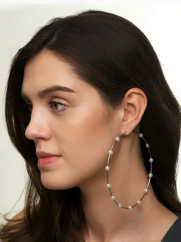 Серьги-кольца &laquo;Жемчуг&raquo;, d=10 см, №6, белые в серебре