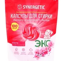 Капсулы для стирки белого и цветного белья гипоаллергенные SYNERGETIC WHITE сакура, 100 шт