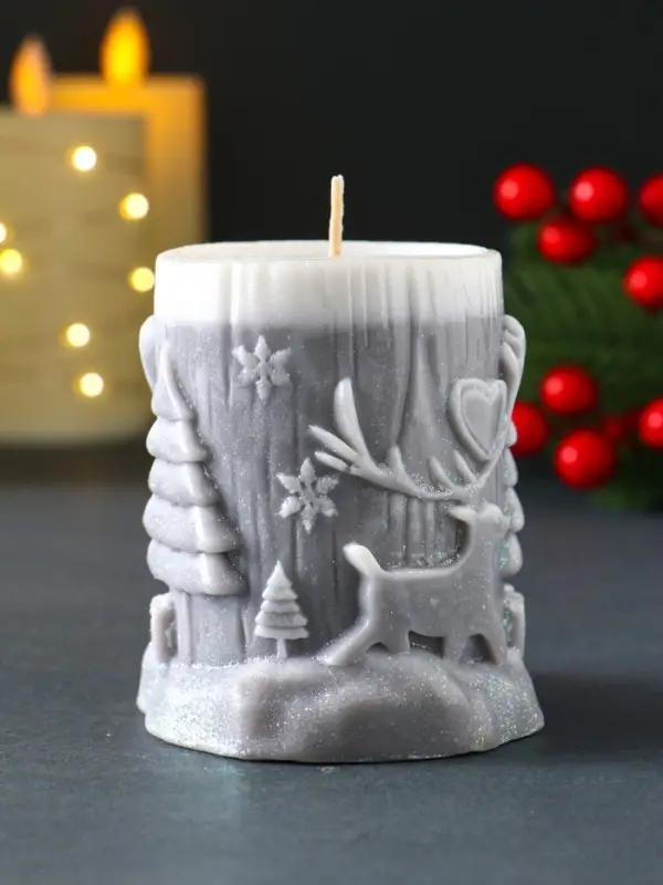 Свеча новогодняя столбик  Свеча новогодняя столбик "Сказочный лес" 75х82 мм, серый