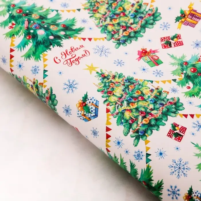Упаковочная бумага на новый год «Хоровод ёлок», 70 х 100 см, глянцевая