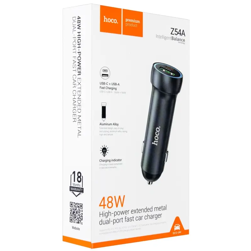 Переходник автомобильного зарядного устройства на Type-C 48W + USB QC3.0 Z54A HOCO серый