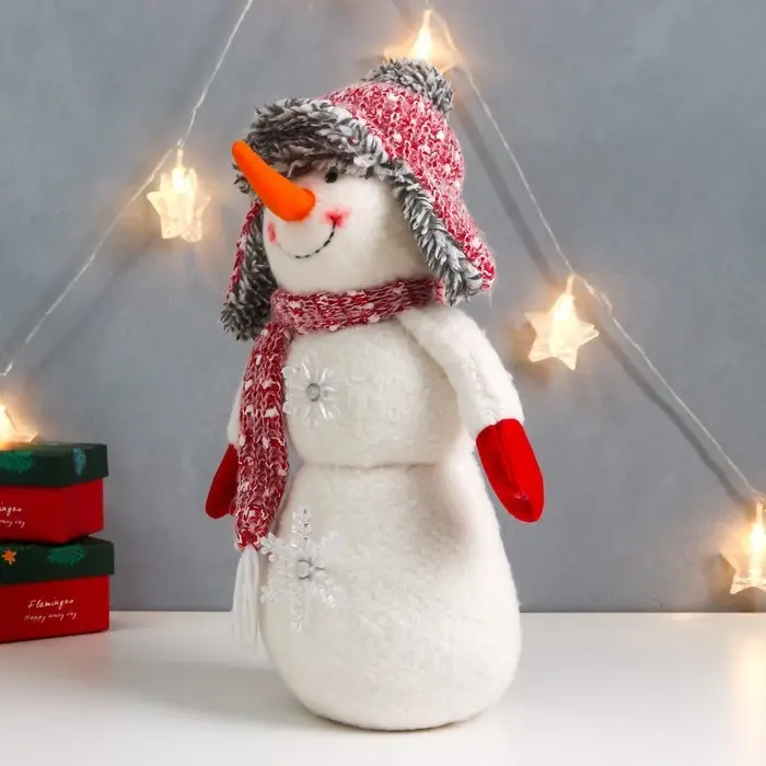 Кукла интерьерная свет "Снеговичок в шапке-ушанке с бамбошкой" 40х21х12 см