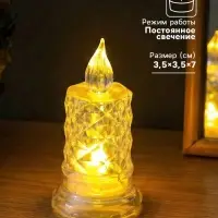 Светодиодная свеча LED - ночник RISALUX &laquo;С подтёками, грани&raquo;, 3&times;LR41, прозрачный, 3.5&times;3.5&times;7 см