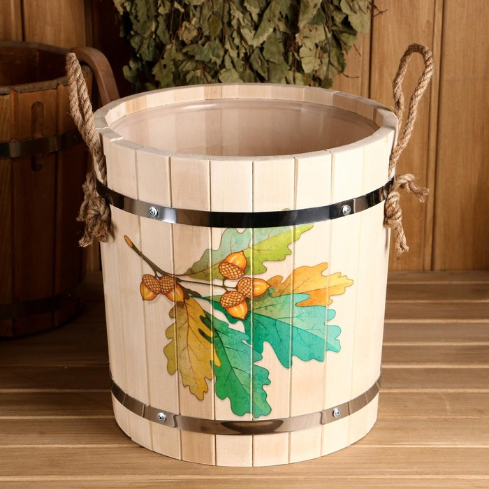 Запарник-ведро из липы, 13 л, пластиковая вставка, нержавеющий обод,  Запарник-ведро из липы, 13 л, пластиковая вставка, нержавеющий обод, "Дубовая ветка"