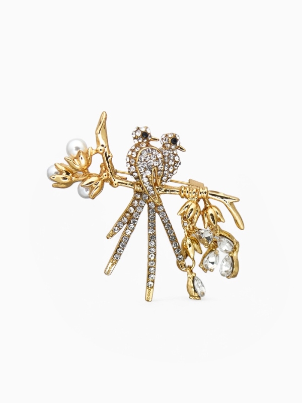 Брошь «Птицы» сердце, цвет белый в золоте