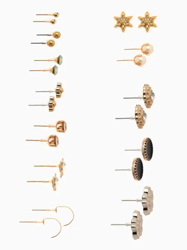 Серьги пусеты One year, 12 пар, весеннее ассорти, бело-чёрные в золоте