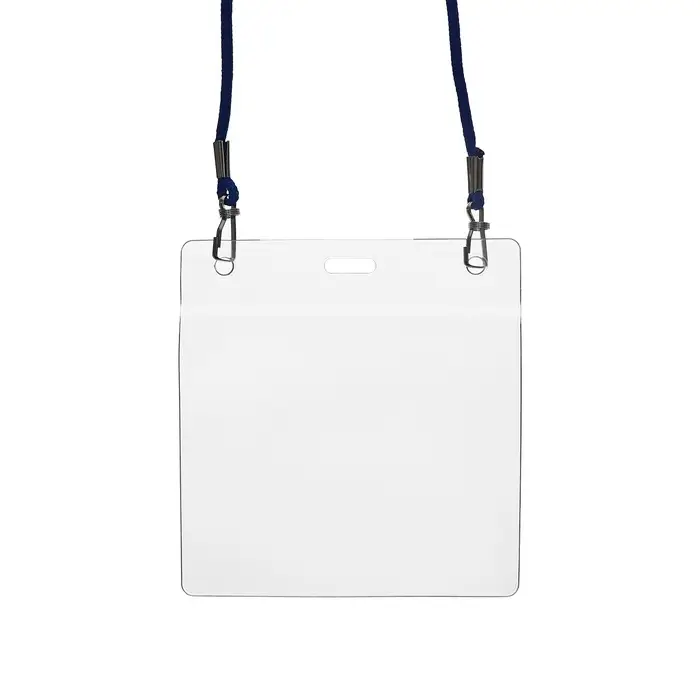 Бейдж горизонтальный, внешний размер 112&times;109 мм, внутренний размер 102&times;90 мм, на синем шнурке 40 см