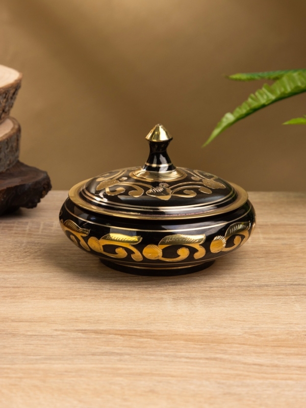 Сахарница круглая "Золотая с черными узорами" латунь 11х11х8 см