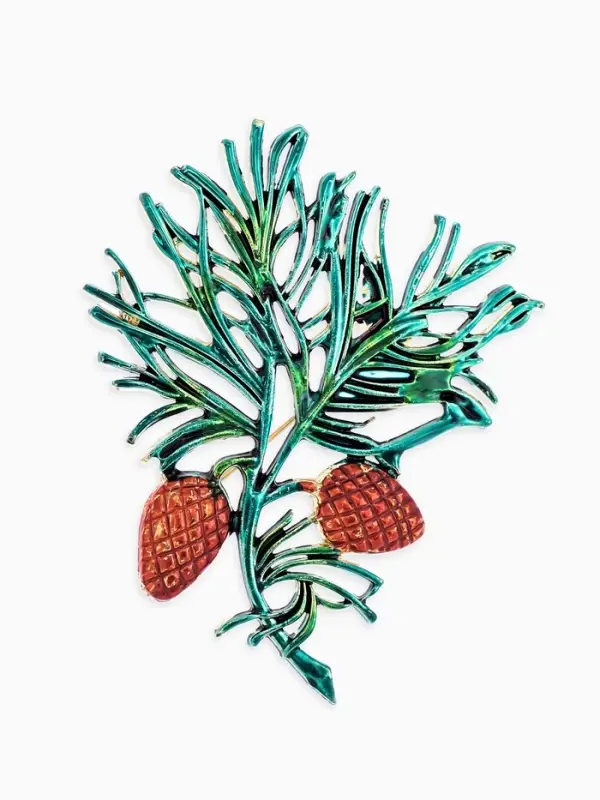 Брошь "Кедровая веточка", цвет коричнево-зелёный в золоте