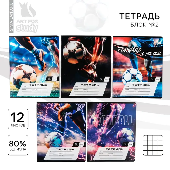Тетрадь в клетку 12 листов А5, на скрепке &laquo;Мяч&raquo;, обложка мелованный картон, блок №2, 5 видов МИКС