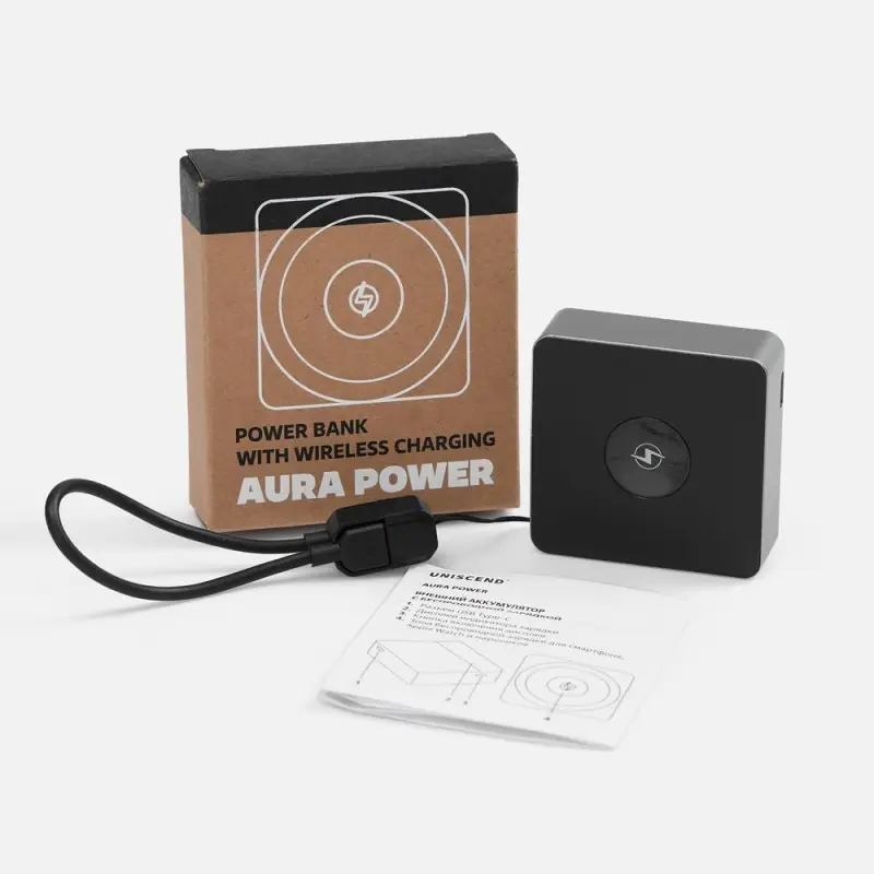 Внешний аккумулятор с беспроводной зарядкой Aura Power, серый Внешний аккумулятор с беспроводной зарядкой Aura Power, серый