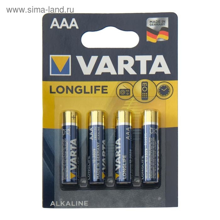 Батарейка алкалиновая Varta LongLife, AAA, LR03-4BL, 1.5В, блистер, 4 шт. Батарейка алкалиновая Varta LongLife, AAA, LR03-4BL, 1.5В, блистер, 4 шт.