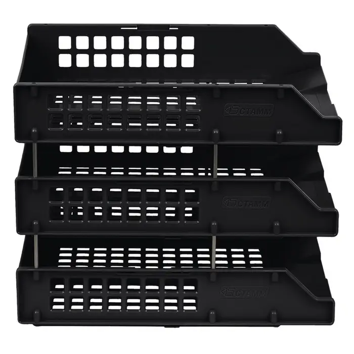 Набор лотков для бумаг &laquo;Стамм&raquo; STRONG, горизонтальный, на металлических стержнях, 3 отделения, чёрный