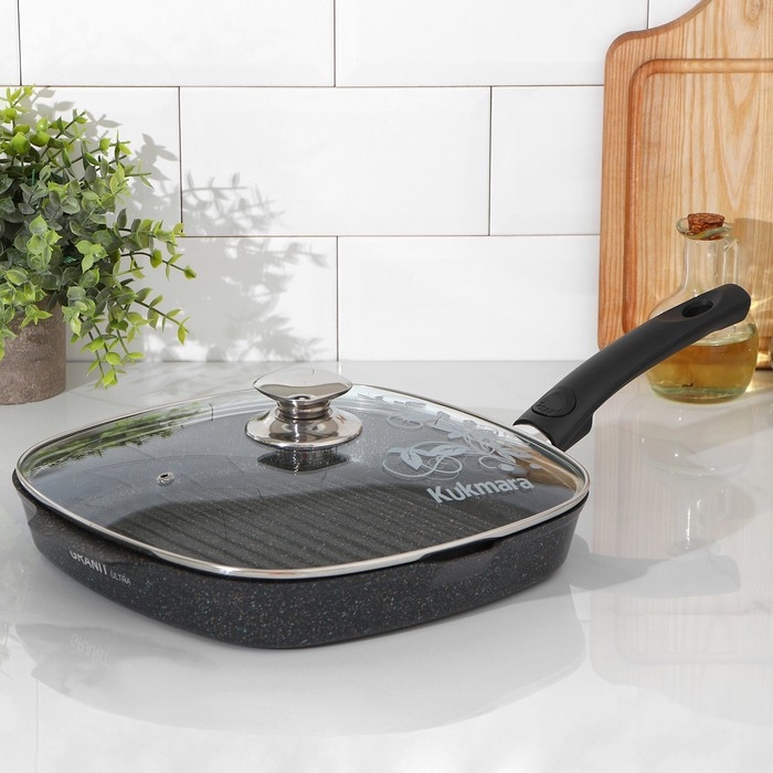 Сковорода-гриль квадратная Granit ultra, 28&times;28 см, съёмная ручка, стеклянная крышка, антипригарное покрытие, цвет чёрный