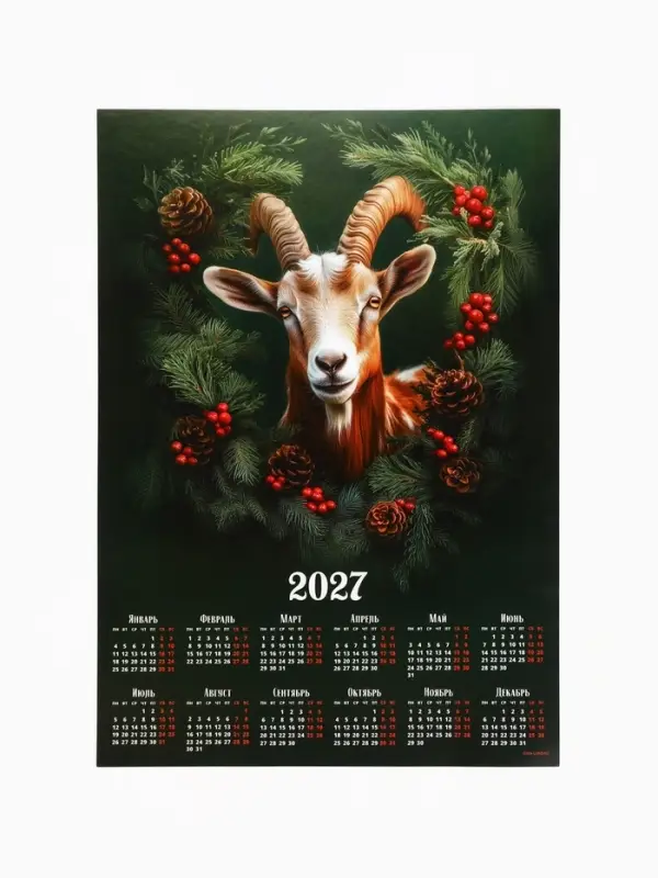 Календарь 2027, настенный, А4 &laquo;Козлик в хвойном венке&raquo;