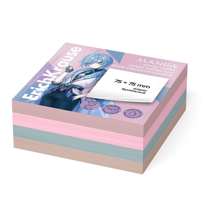 Блок с липким краем бумажный 75х75 мм, ErichKrause  Блок с липким краем бумажный 75х75 мм, ErichKrause "Manga". 400 листов, 4 цвета