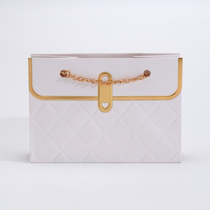 Пакет для цветов, ручка цепь,  Пакет для цветов, ручка цепь, "Белый", с золотым тиснением, 15 х 10,5 х 10 см