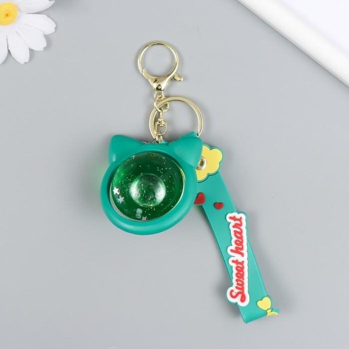 Брелок резина  Брелок резина "Шарик-котик" с браслетом и карабином, зелёный 4х5,5х5,5 см